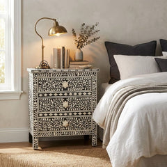 Bone Inlay Large 3 Drawer Bedside Table – Black Floral