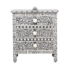 Bone Inlay Large 3 Drawer Bedside Table – Black Floral