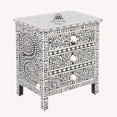 Bone Inlay Large 3 Drawer Bedside Table – Black Floral