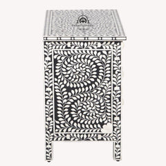 Bone Inlay Large 3 Drawer Bedside Table – Black Floral