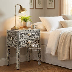 Bone Inlay Bedside Table with 2 Drawers – Black Floral
