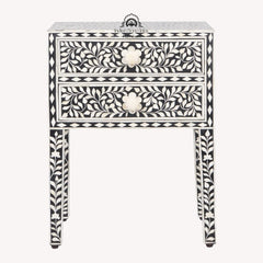 Bone Inlay Bedside Table with 2 Drawers – Black Floral