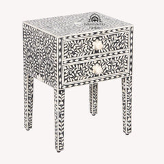 Bone Inlay Bedside Table with 2 Drawers – Black Floral