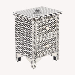 Bone Inlay Bedside Table with 2 Drawers – Black Geometric