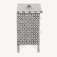Bone Inlay Bedside Table with 2 Drawers – Black Geometric