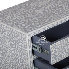 Bone Inlay Bedside Table with 2 Drawers – Grey Floral