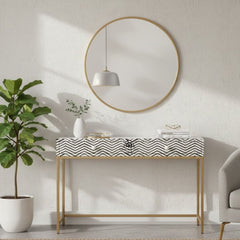 Bone Inlay 2 Drawer Hall Table – Black Zig Zag (Gold Frame)