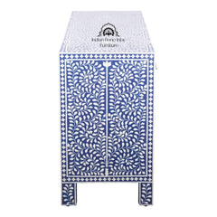 Bone Inlay Buffet Chest of Drawers – Indigo Blue Floral Scroll