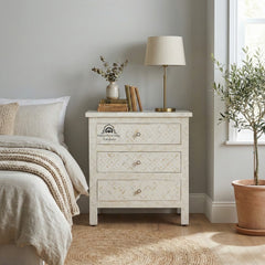 Bone Inlay Large 3 Drawer Bedside Table – White Geometric
