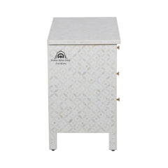Bone Inlay Large 3 Drawer Bedside Table – White Geometric