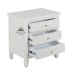 Bone Inlay Large 3 Drawer Bedside Table – White Geometric
