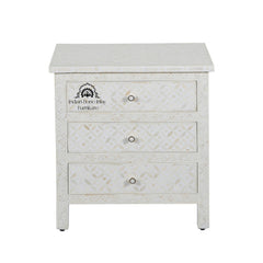 Bone Inlay Large 3 Drawer Bedside Table – White Geometric