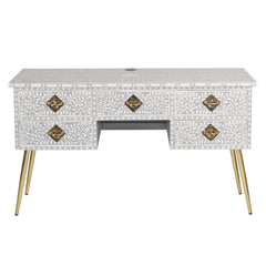 BONE INLAY 5 DRAWER STUDY DESK FLORAL GREY INDIAN HANDCRAFTED COMPUTER DESK