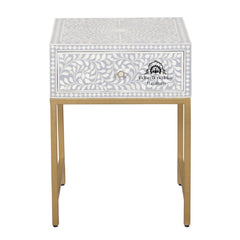 Bone Inlay 1 Drawer Bedside Table – Grey Floral
