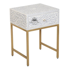 Bone Inlay 1 Drawer Bedside Table – Grey Floral