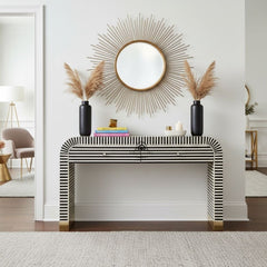 Bone Inlay Waterfall 2 Drawer Hall Table / Side Table – Black Lines
