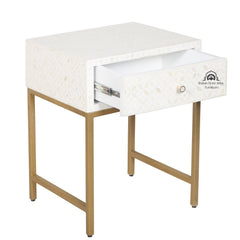 Bone Inlay 1 Drawer Bedside Table – White Geometric
