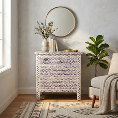 Bone Inlay Large 3 Drawer Bedside Table – Moroccan Grey