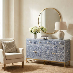 Bone Inlay Buffet Chest of Drawers – Indigo Blue Floral Scroll