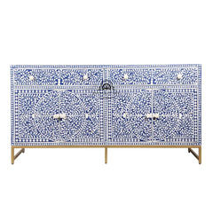 Bone Inlay Buffet Chest of Drawers – Indigo Blue Floral Scroll
