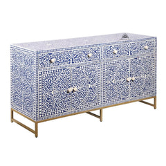 Bone Inlay Buffet Chest of Drawers – Indigo Blue Floral Scroll