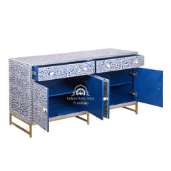 Bone Inlay Buffet Chest of Drawers – Indigo Blue Floral Scroll