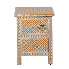 Bone Inlay Bedside Table with 2 Drawers – Geometric Almond
