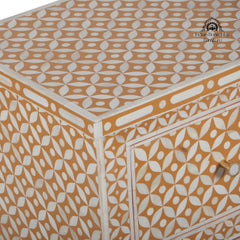 Bone Inlay Bedside Table with 2 Drawers – Geometric Almond
