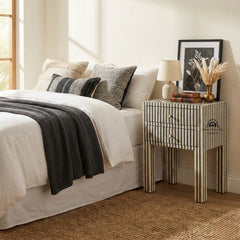 Bone Inlay Bedside Table with 2 Drawers – Grey Stripe