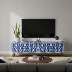 Bone Inlay Entertainment Unit / TV Stand – Indigo Blue Ikat