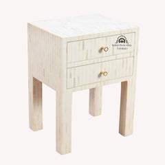 Bone Inlay Bedside Table with 2 Drawers – White Stripe