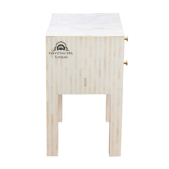 Bone Inlay Bedside Table with 2 Drawers – White Stripe
