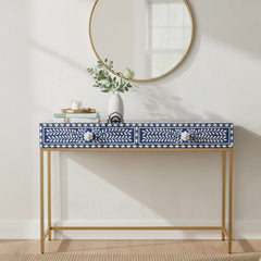 Bone Inlay 2 Drawer Hall Table – Indigo Blue Floral