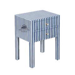 Bone Inlay Bedside Table with 2 Drawers – Indigo Blue Stripe