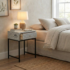 Bone Inlay 1 Drawer Bedside Table – Grey Floral