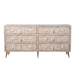 WOODEN INLAY CHEST OF 6 DRAWER FLORAL WHITE INDIAN HANDMADE DRESSER