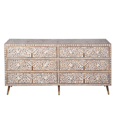 WOODEN INLAY CHEST OF 6 DRAWER FLORAL WHITE INDIAN HANDMADE DRESSER