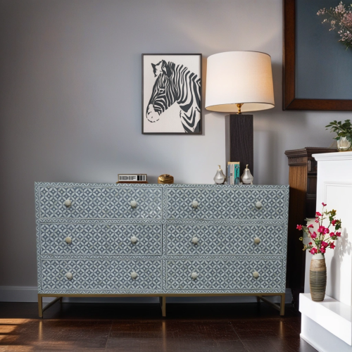 Bone Inlay 6 Drawer Dresser Geometric Grey