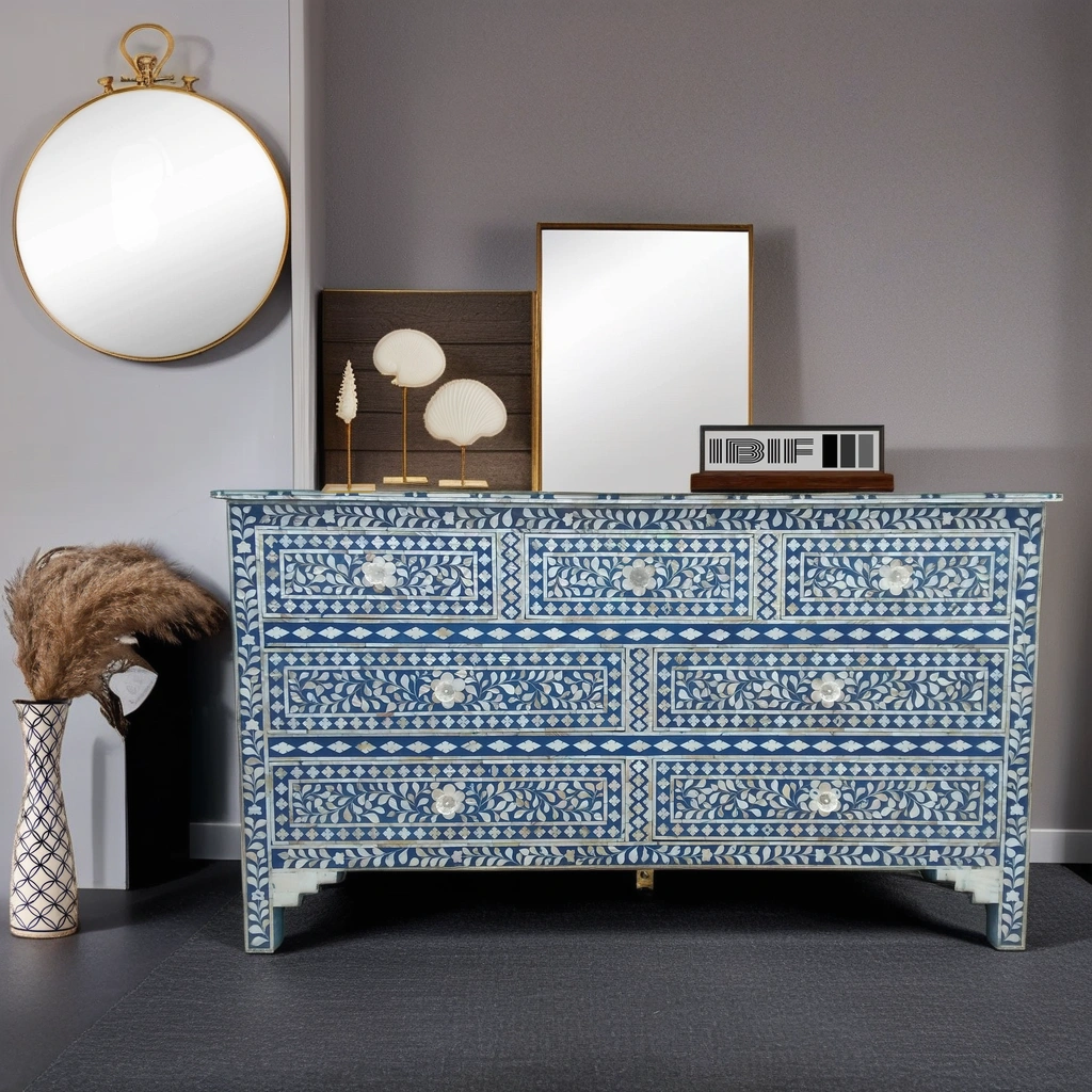 Mother Of Pearl Inlay 7 drawer Sideboard Floral In Royale Blue