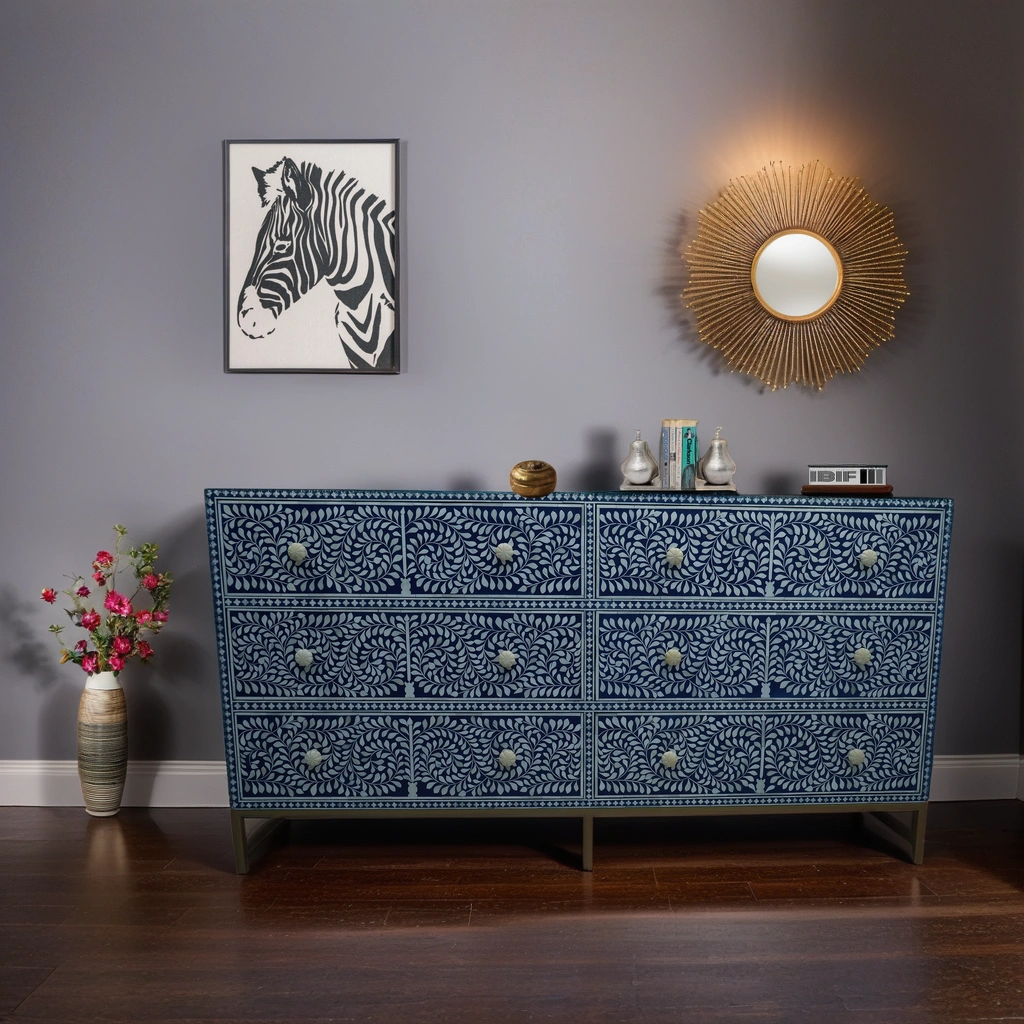 Bone Inlay 6 Drawer Dresser Floral Royal Blue