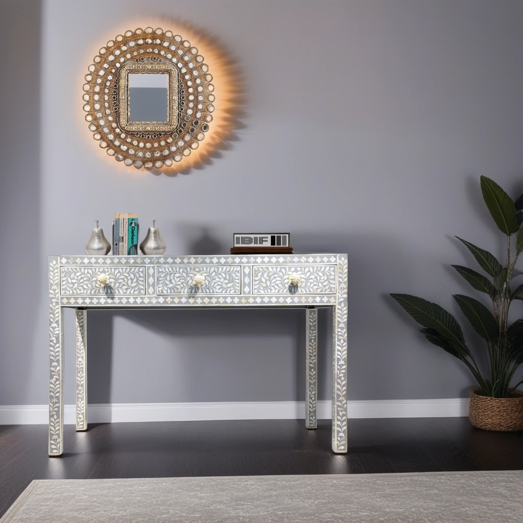 Bone Inlay 3 Drawer Console Grey